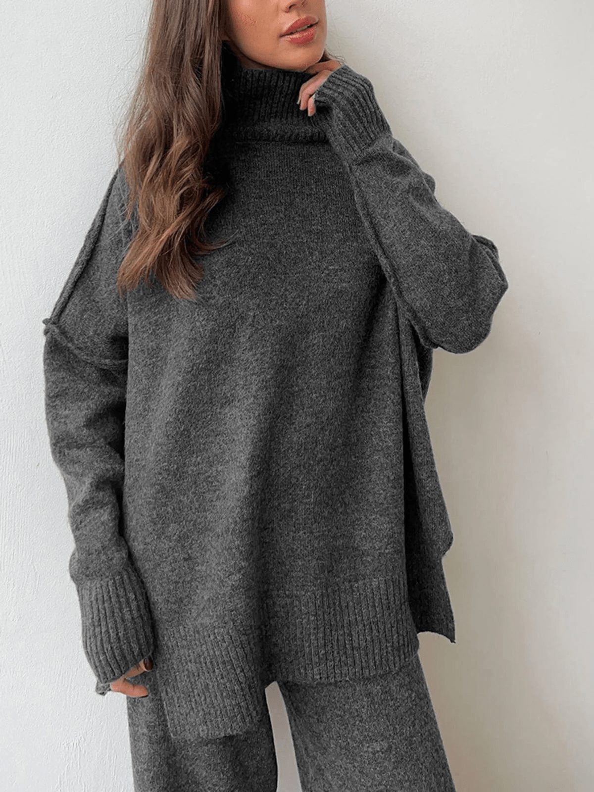 Oversized Roll Neck Knit Set with Wide Leg Trousers for Women - Grijs