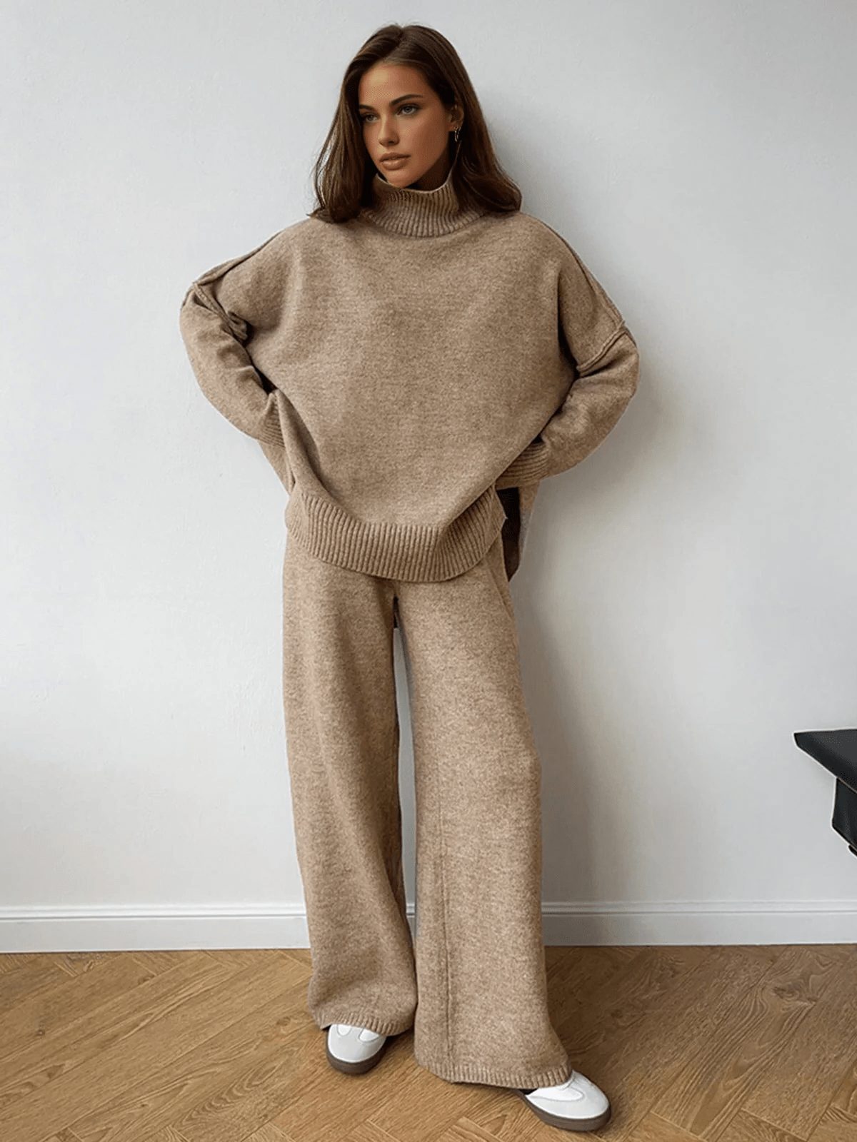 Oversized Roll Neck Knit Set with Wide Leg Trousers for Women - Bruin