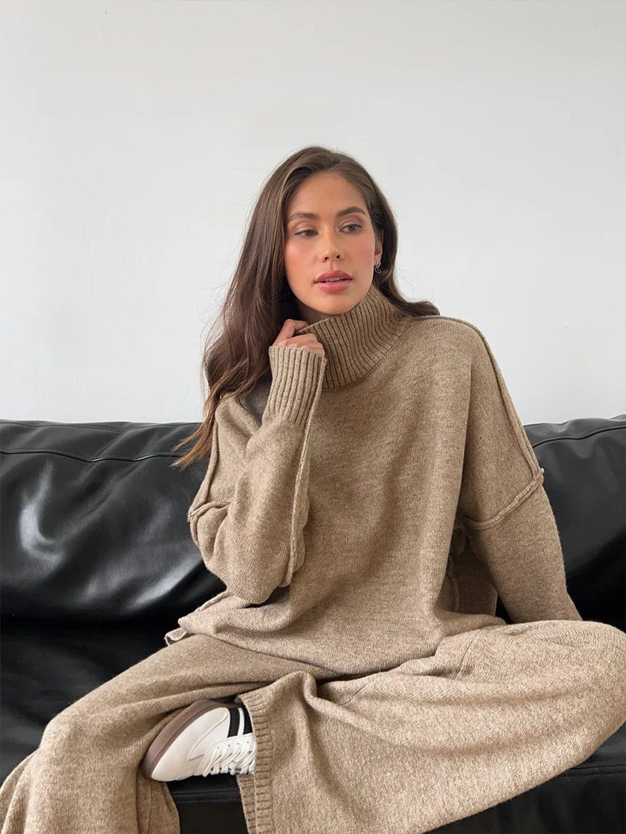 Oversized Roll Neck Knit Set with Wide Leg Trousers for Women - View 4