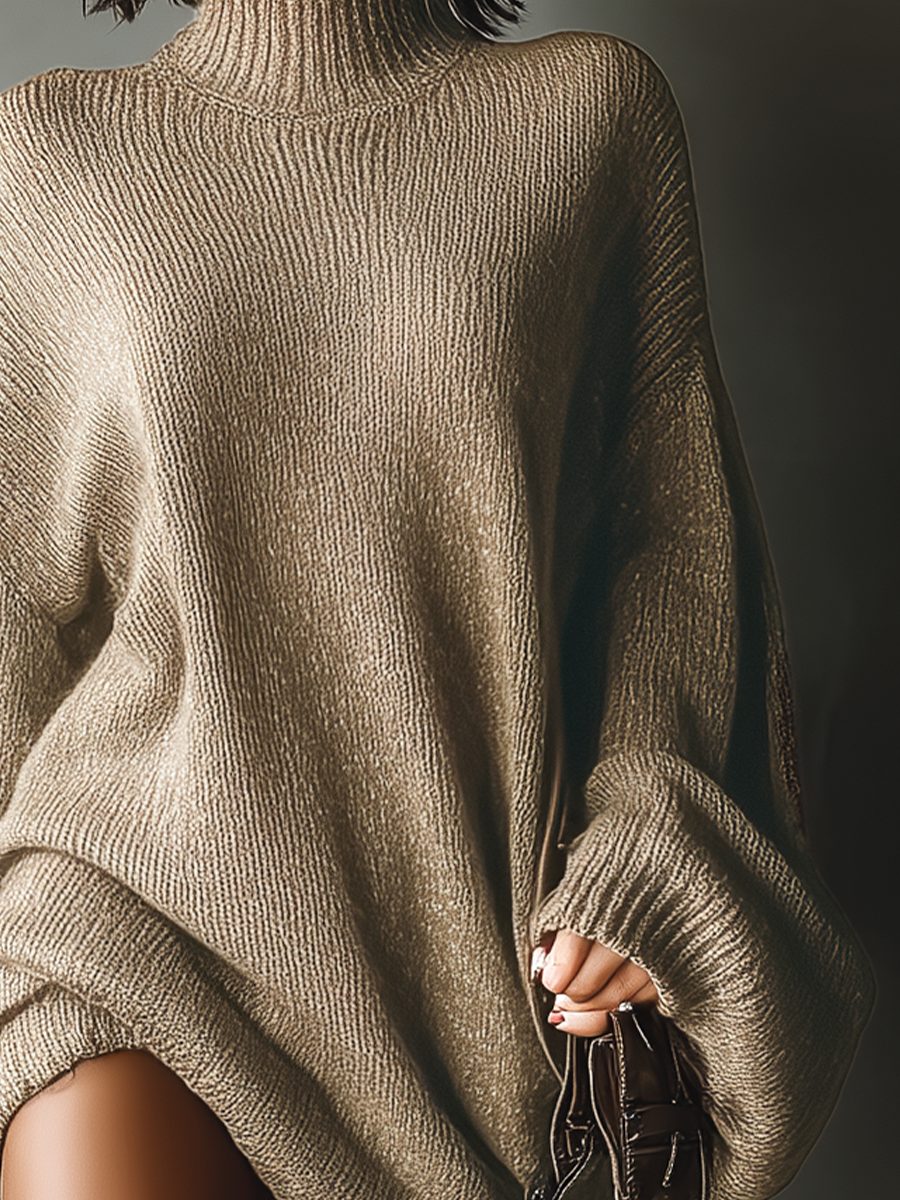 Oversized Roll Neck Ribbed Knit Mini Dress for Women - View 9