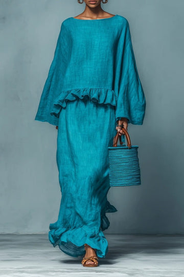 Oversized Ruffle Linen Maxi Skirt Set for Women