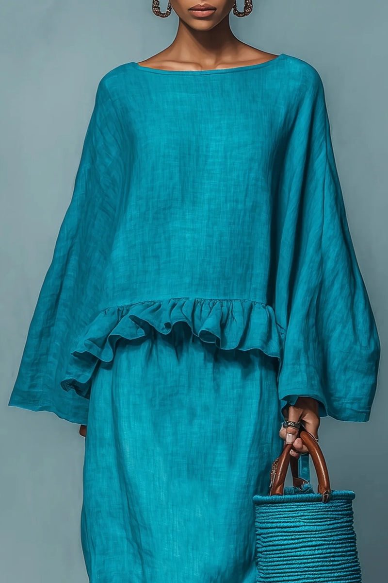 Oversized Ruffle Linen Maxi Skirt Set for Women