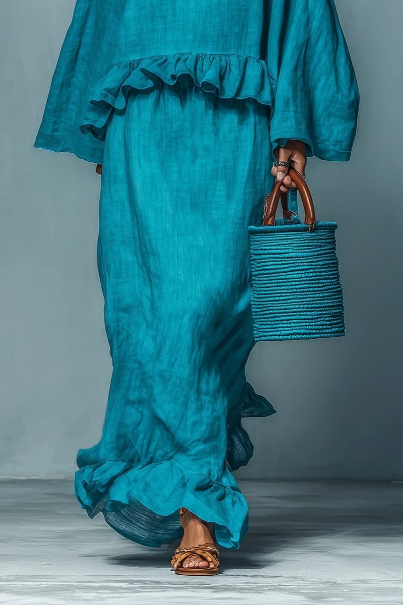 Oversized Ruffle Linen Maxi Skirt Set for Women - View 3