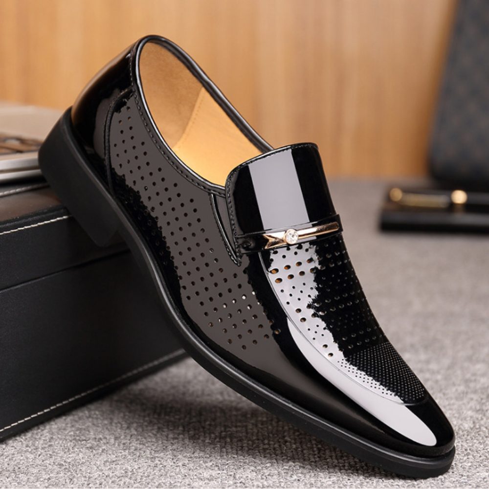 Patent Leather Loafers with Metal Bar Trim for Men - Black Brogue