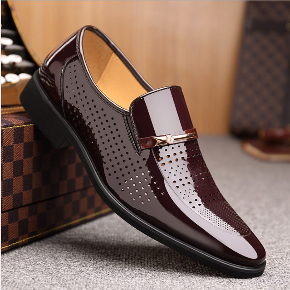 Patent Leather Loafers with Metal Bar Trim for Men - Brown Brogue