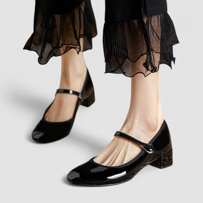 Patent Mary Jane Heels with Ankle Strap and Block Heel for Women