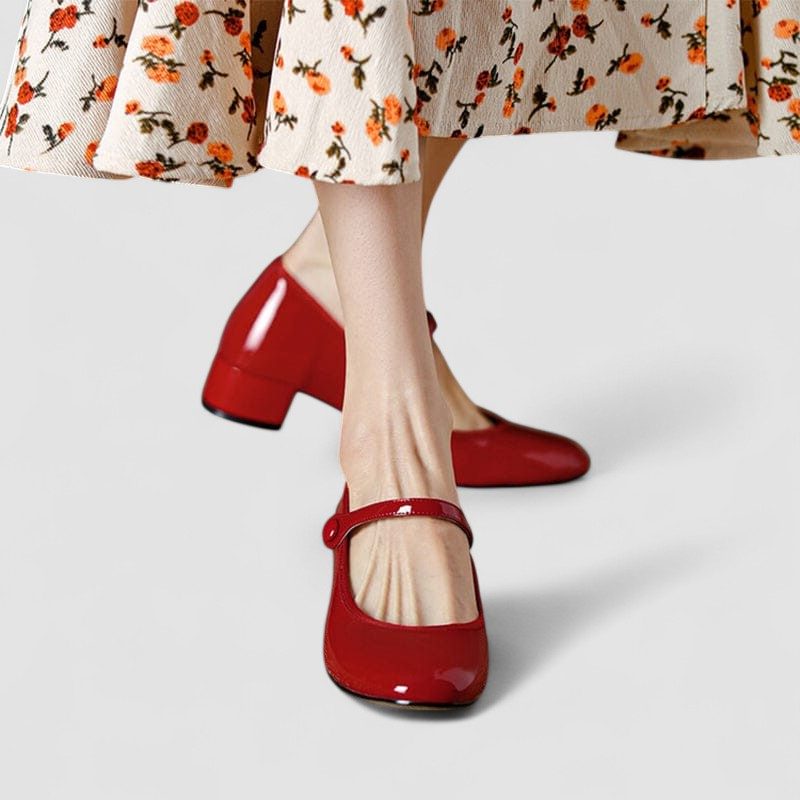 Patent Mary Jane Heels with Ankle Strap and Block Heel for Women - Red