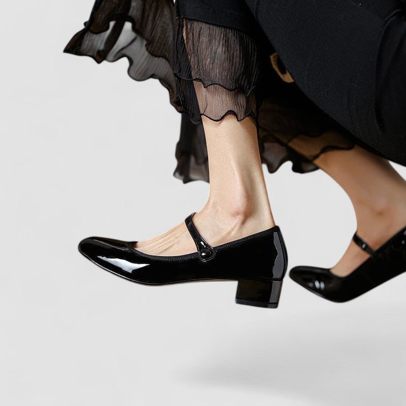 Patent Mary Jane Heels with Ankle Strap and Block Heel for Women