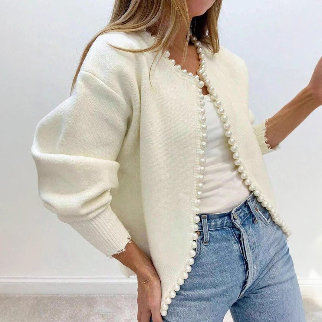 Pearl Button Ribbed Knit Cardigan for Women