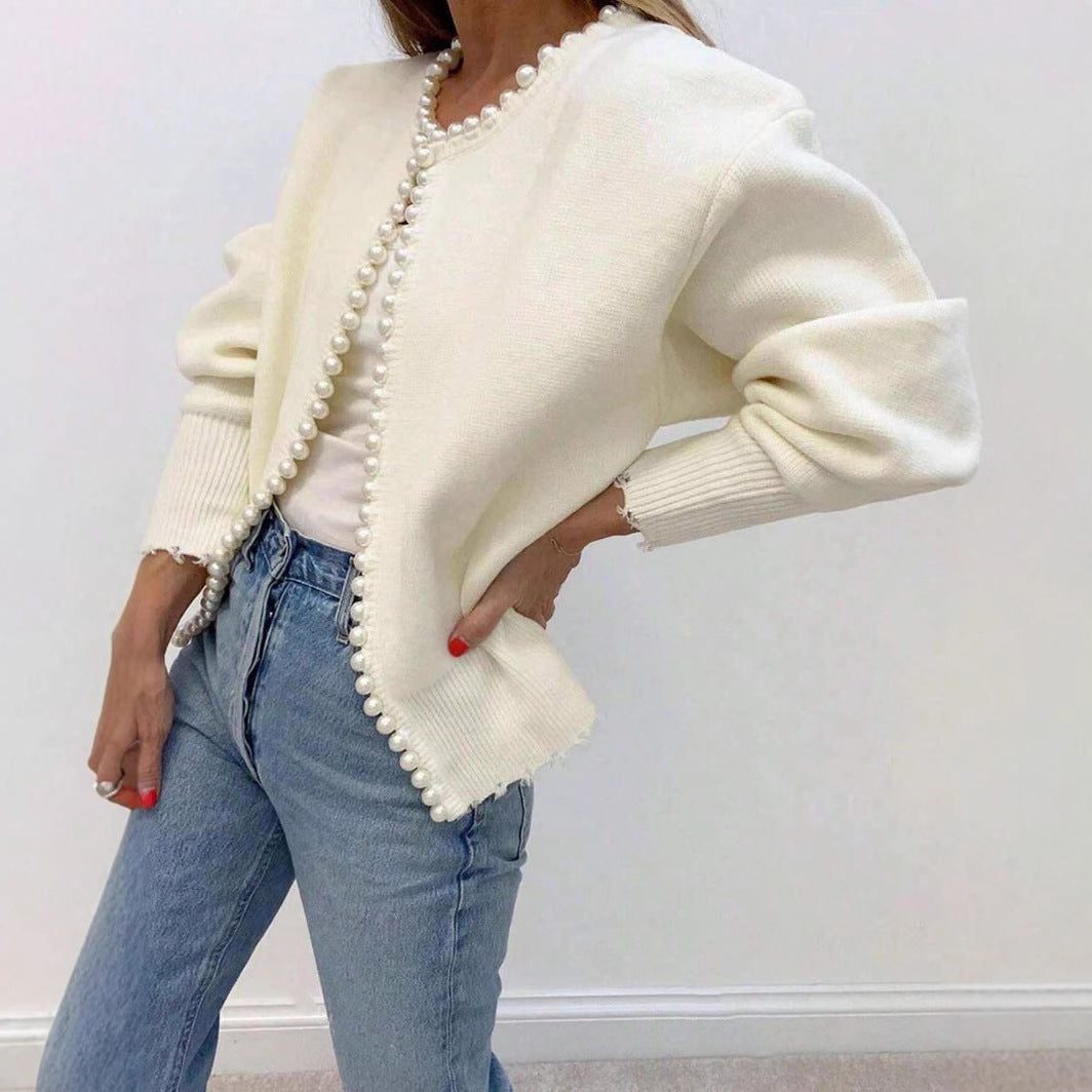 Pearl Button Ribbed Knit Cardigan for Women - View 2