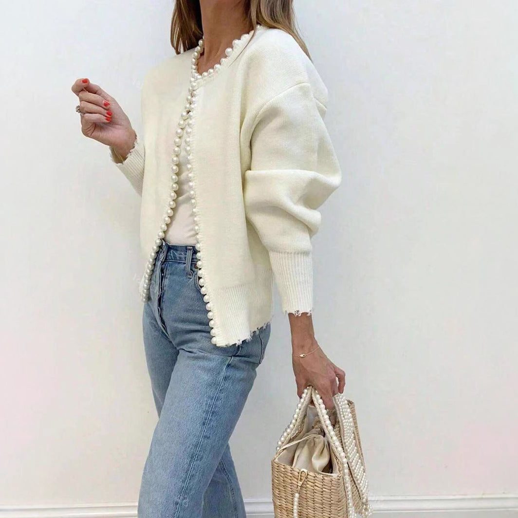 Pearl Button Ribbed Knit Cardigan for Women - View 3