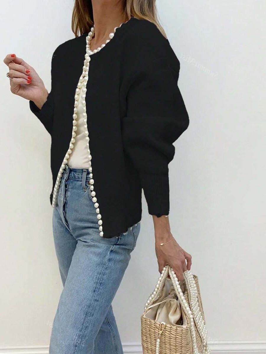Pearl Button Ribbed Knit Cardigan for Women - Schwarz