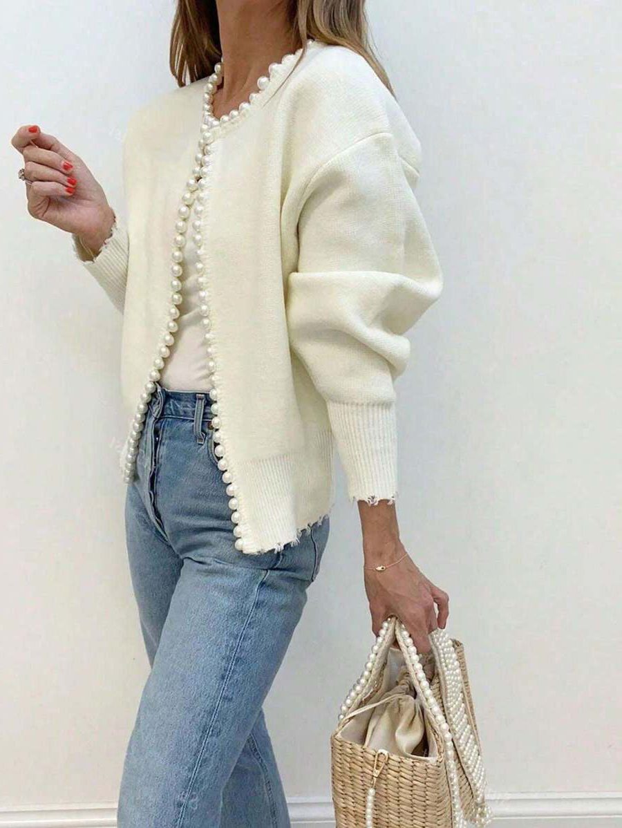 Pearl Button Ribbed Knit Cardigan for Women - View 7