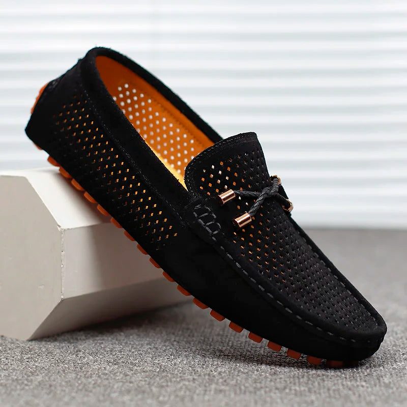 Perforated Slip-On Loafers for Men - Black