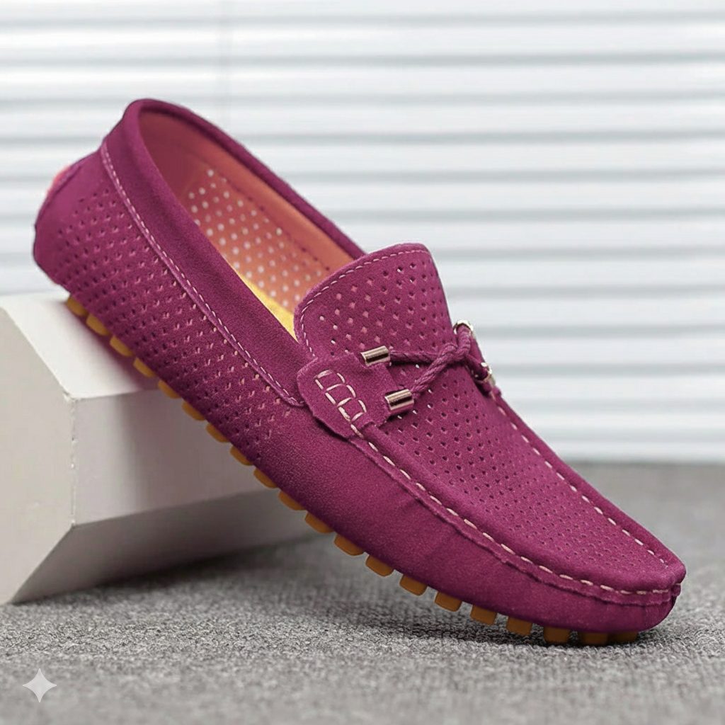 Perforated Slip-On Loafers for Men - Burgundy