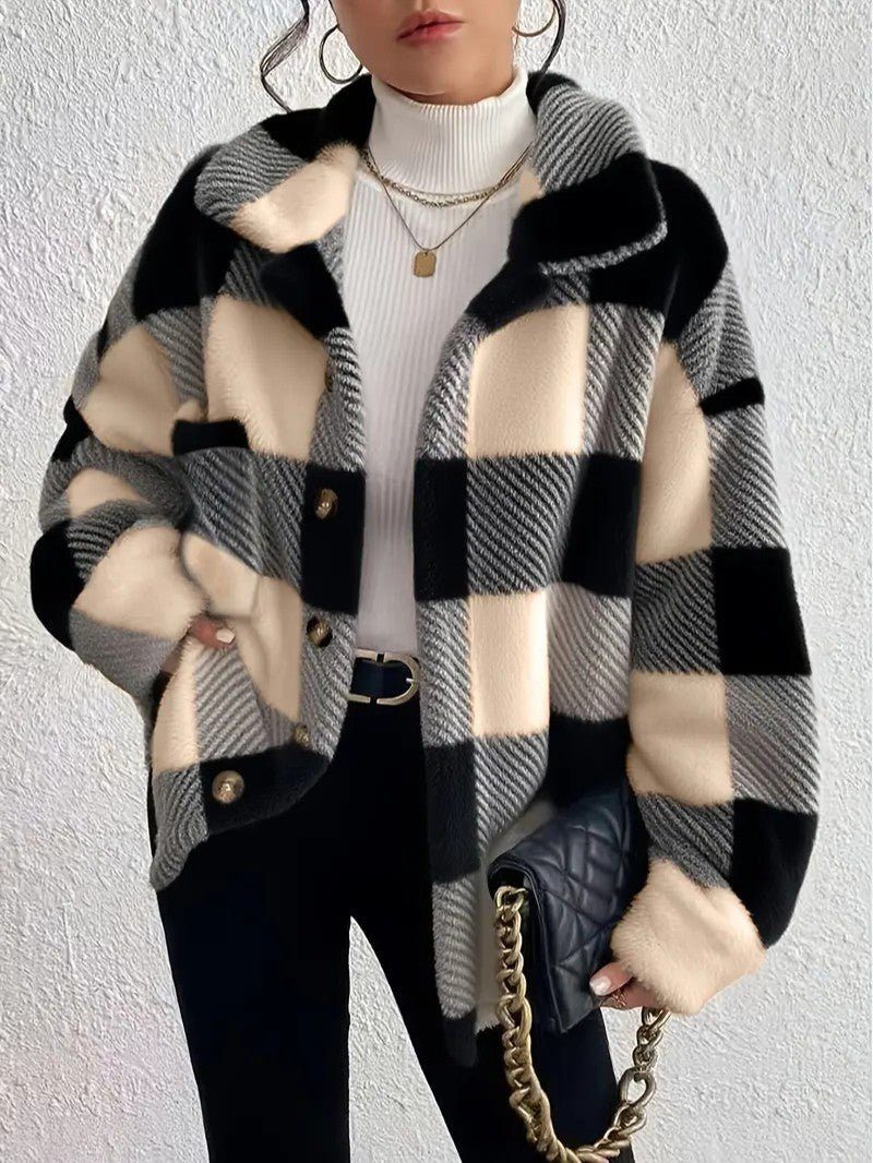 Plaid Button-Up Winter Jacket for Women