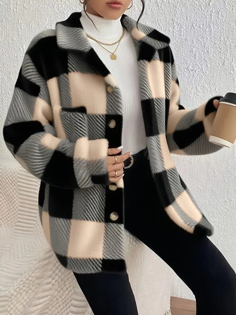 Plaid Button-Up Winter Jacket for Women - View 3