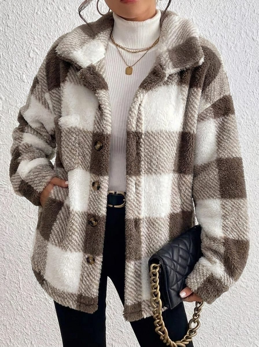Plaid Button-Up Winter Jacket for Women - Brown