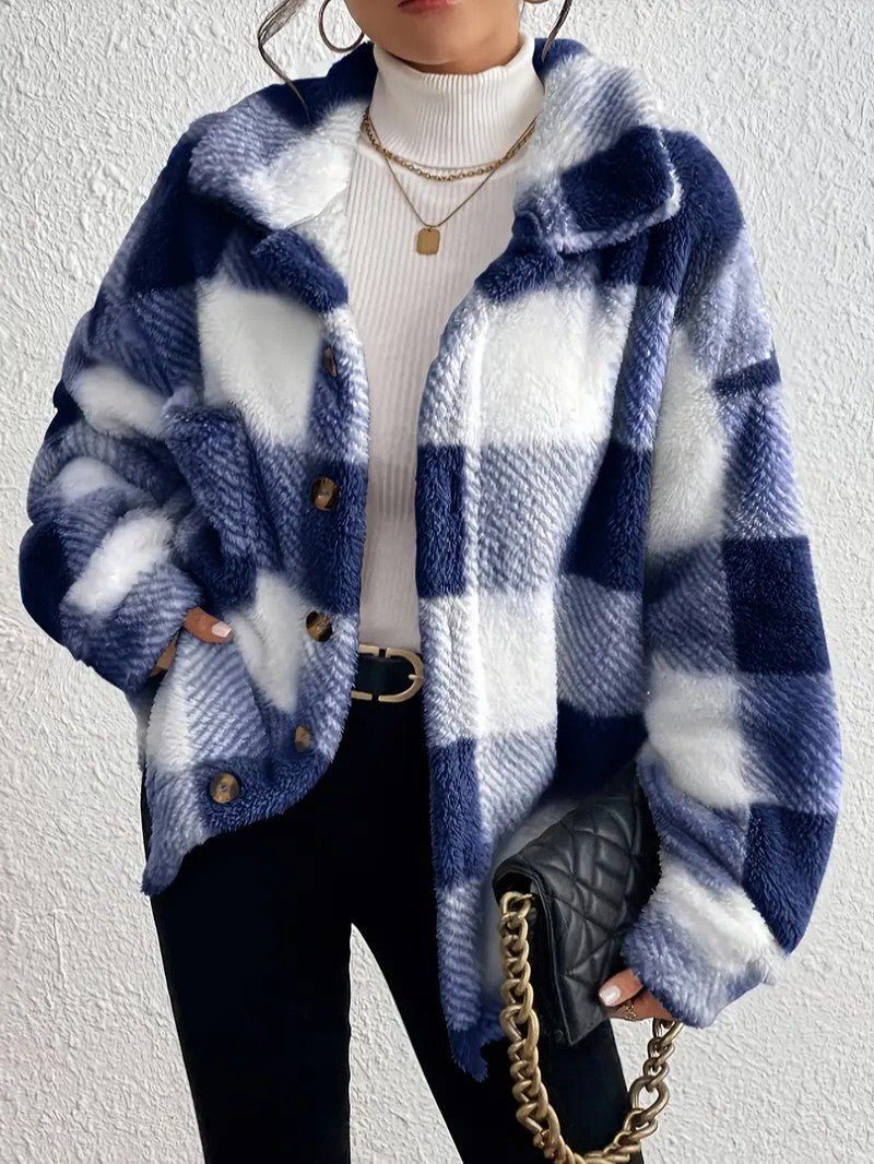 Plaid Button-Up Winter Jacket for Women - Blue