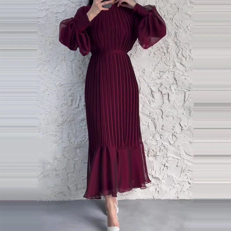 Pleated Puff Sleeve Midi Dress for Women