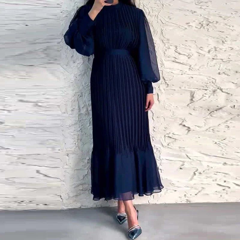 Pleated Puff Sleeve Midi Dress for Women - Navy