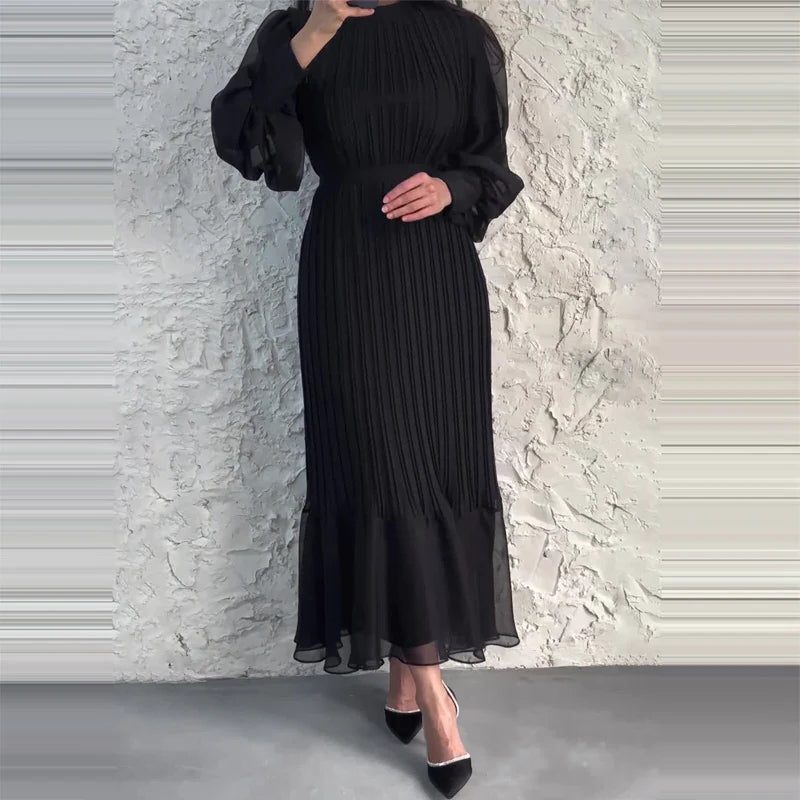 Pleated Puff Sleeve Midi Dress for Women - Black