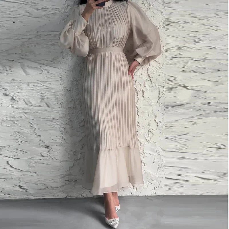 Pleated Puff Sleeve Midi Dress for Women - Beige