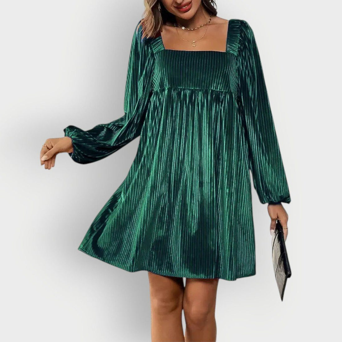 Pleated Velvet Square-Neck Long-Sleeve Formal Dress for Women