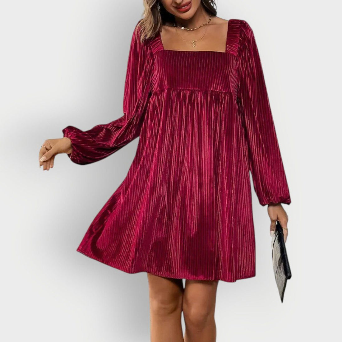Pleated Velvet Square-Neck Long-Sleeve Formal Dress for Women