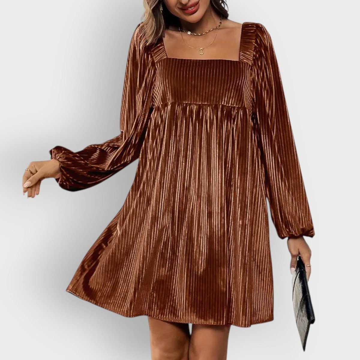 Pleated Velvet Square-Neck Long-Sleeve Formal Dress for Women - Brown