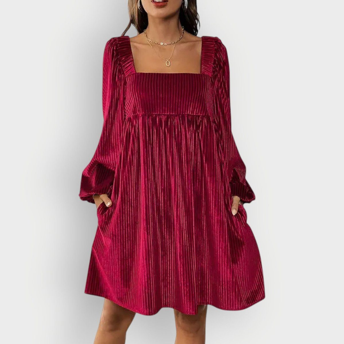 Pleated Velvet Square-Neck Long-Sleeve Formal Dress for Women - View 4