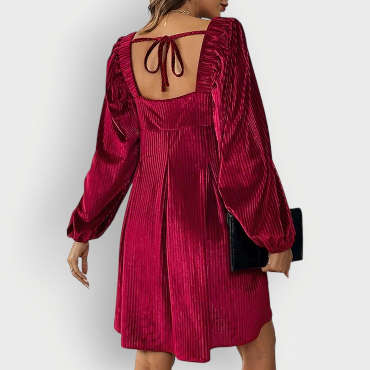 Pleated Velvet Square-Neck Long-Sleeve Formal Dress for Women - View 5