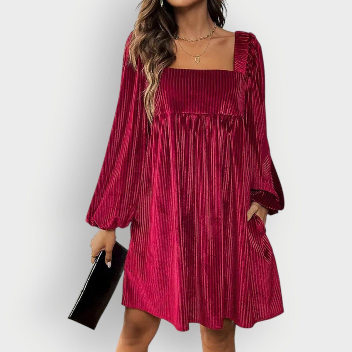 Pleated Velvet Square-Neck Long-Sleeve Formal Dress for Women - View 6