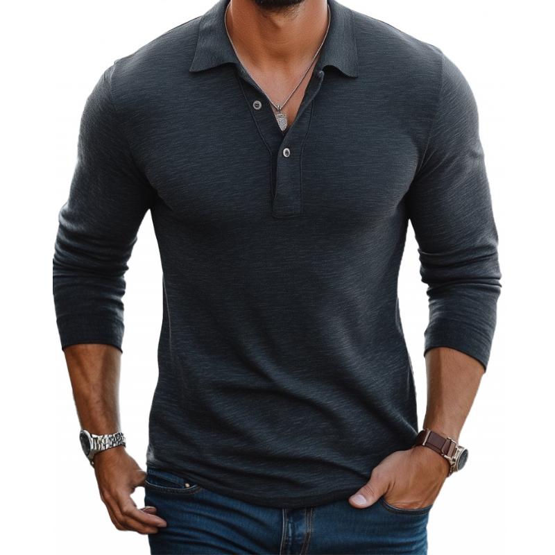Long Sleeve Button Placket Polo Shirt for Men