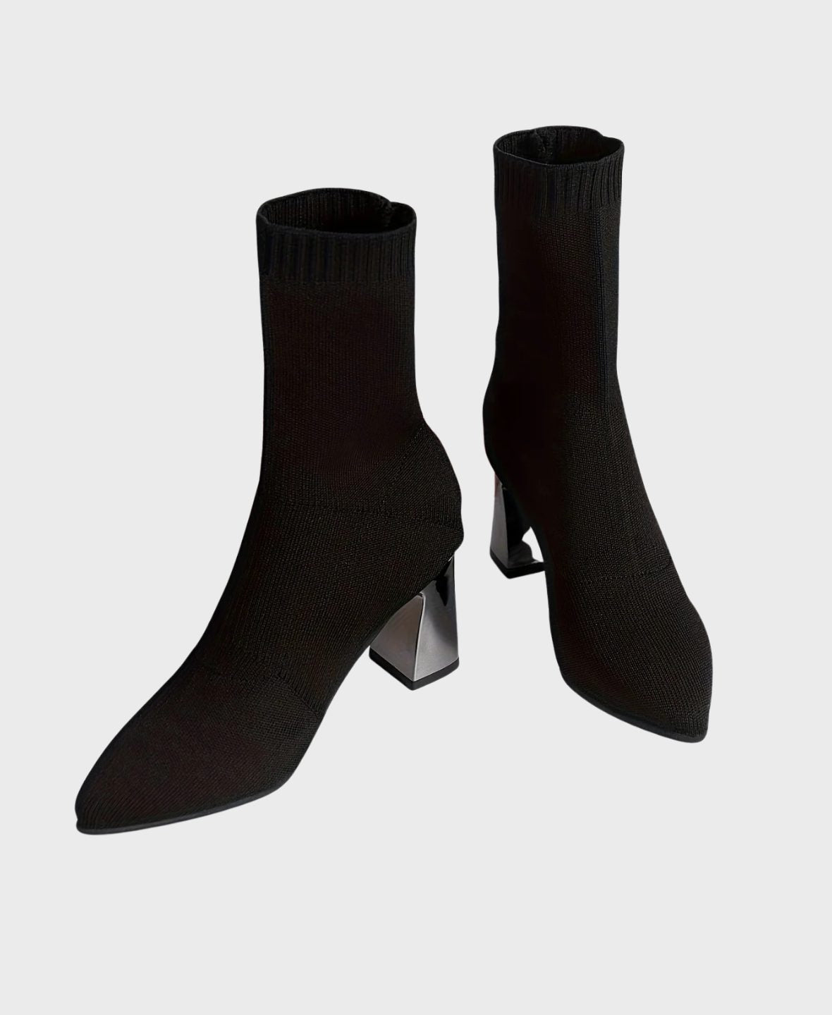 Pointed Toe Block Heel Sock Boots for Women - Black