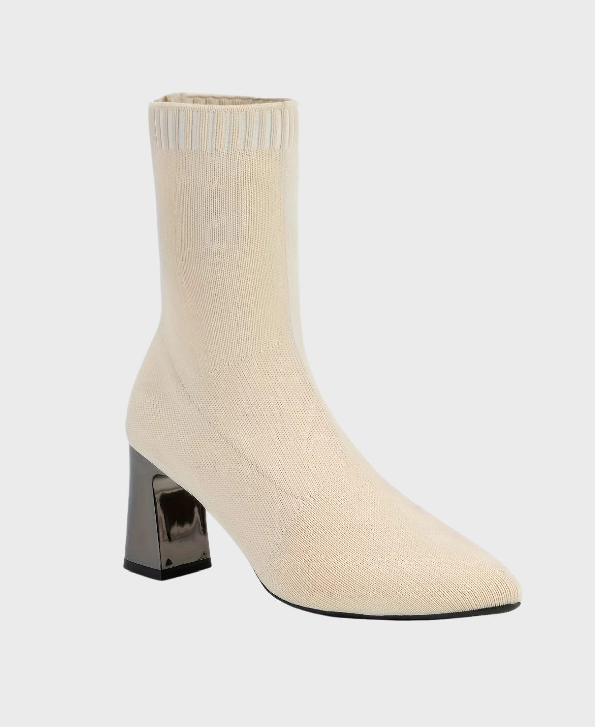 Pointed Toe Block Heel Sock Boots for Women - Beige