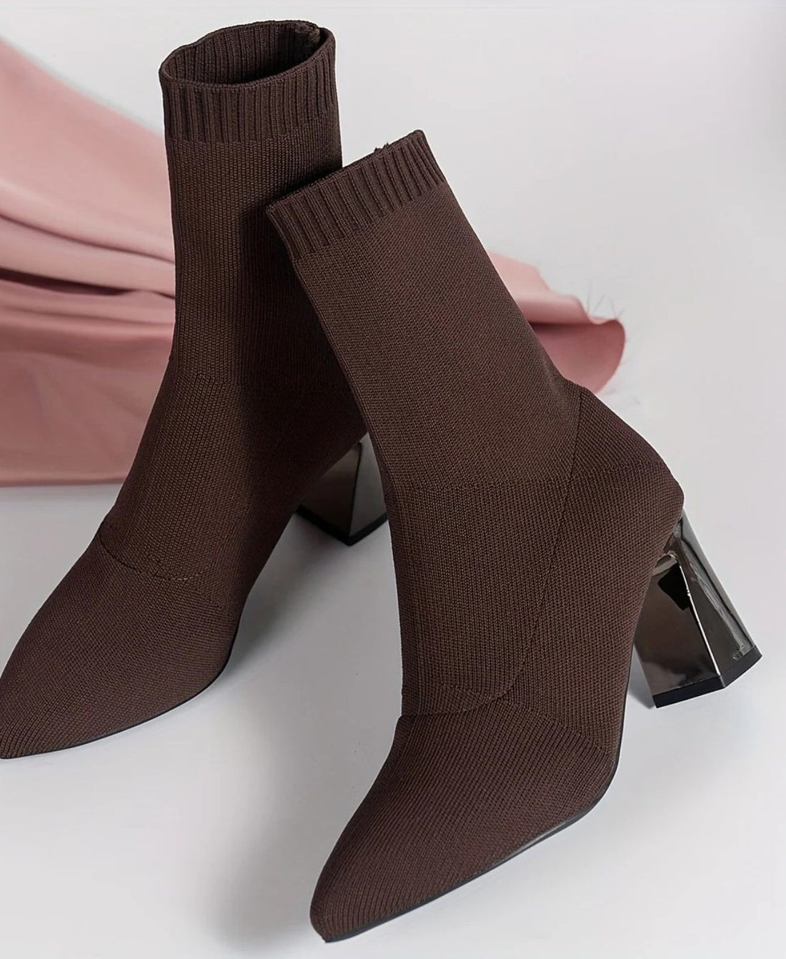 Pointed Toe Block Heel Sock Boots for Women