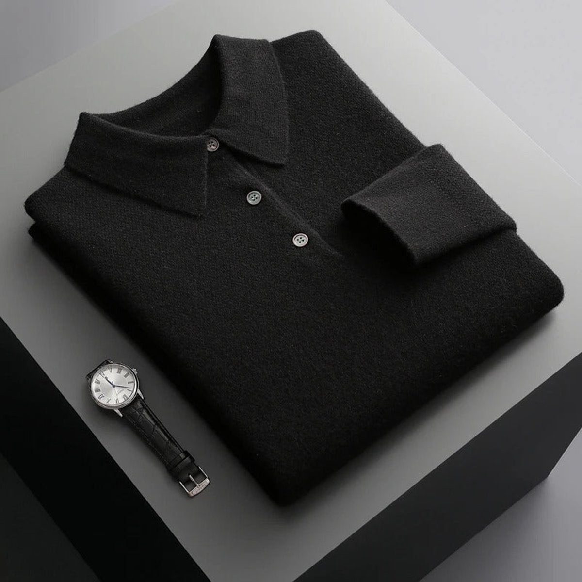 Polo Neck Cashmere Knit Jumper Long Sleeve for Men - Black