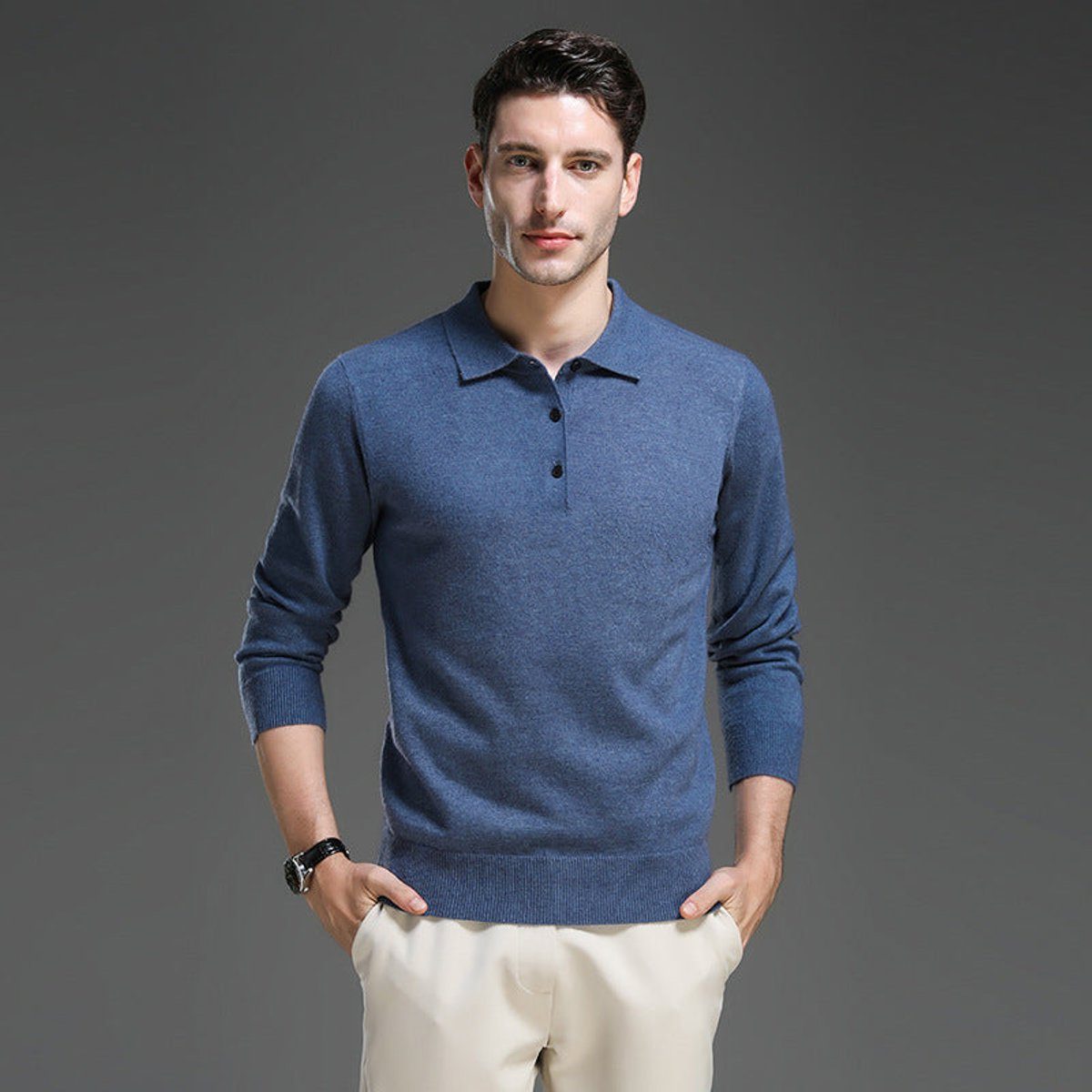 Polo Neck Cashmere Knit Jumper Long Sleeve for Men - View 9