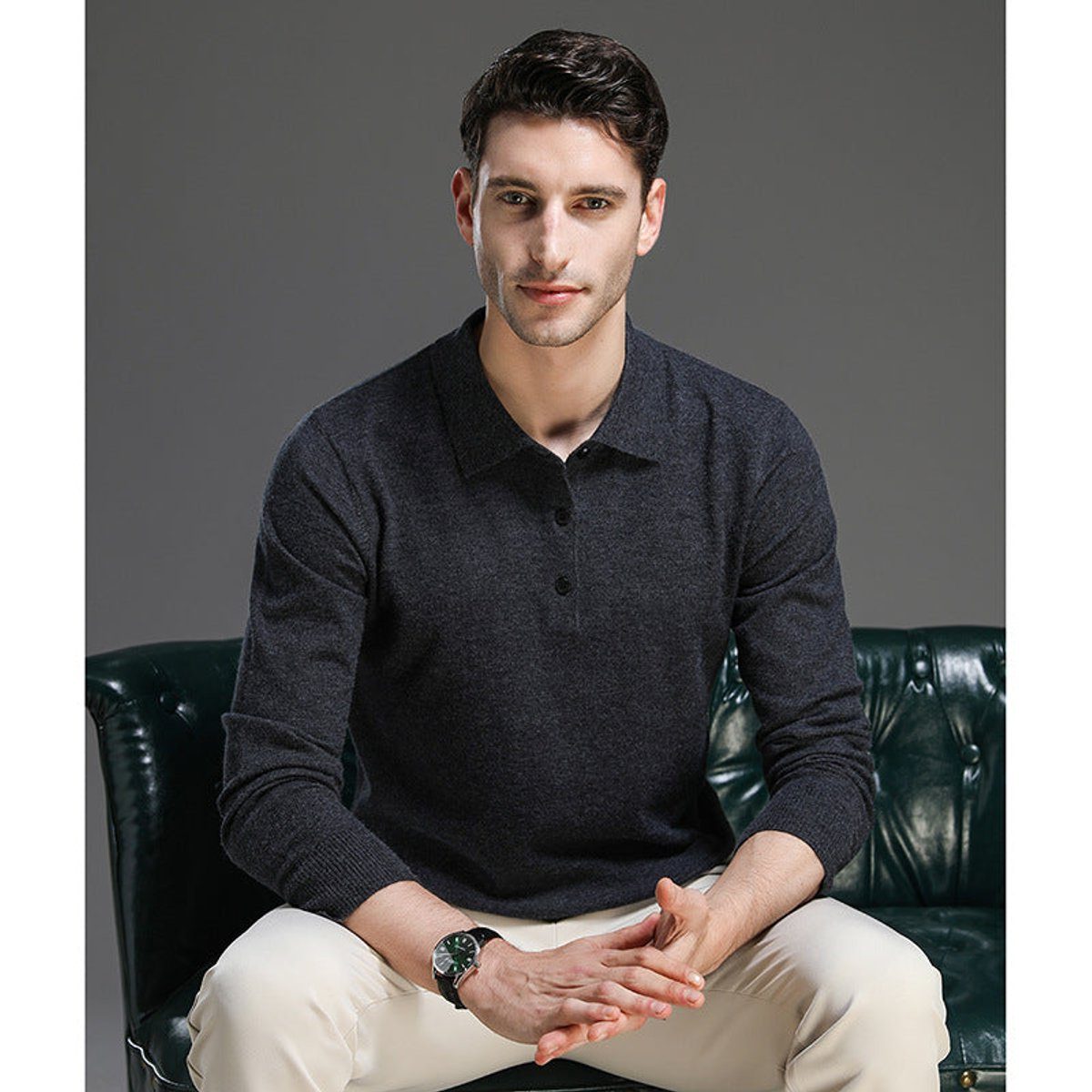 Polo Neck Cashmere Knit Jumper Long Sleeve for Men - View 15