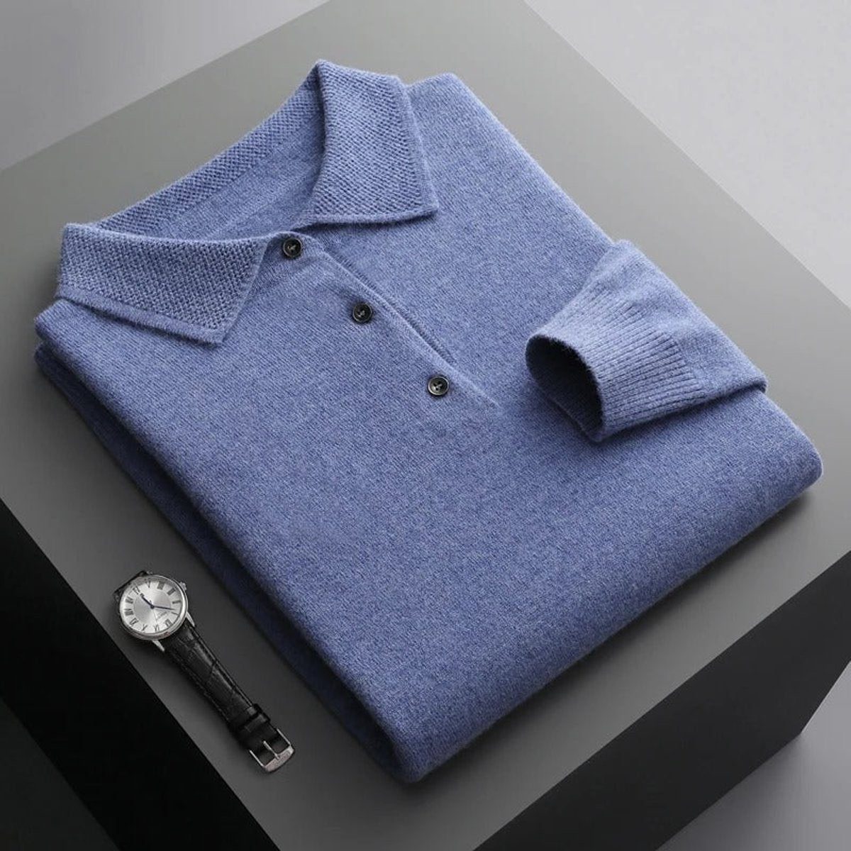 Polo Neck Cashmere Knit Jumper Long Sleeve for Men - Blue