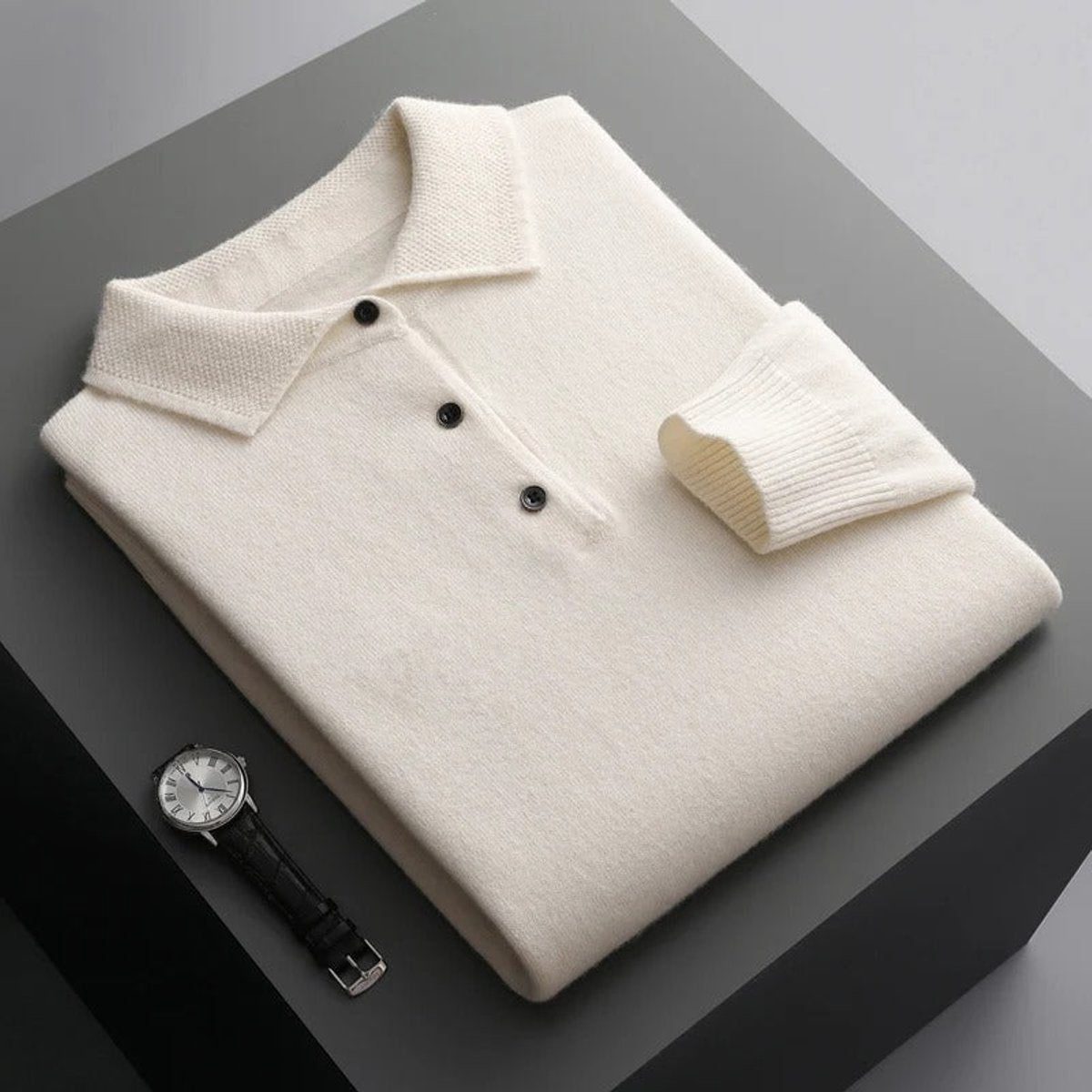 Polo Neck Cashmere Knit Jumper Long Sleeve for Men - White