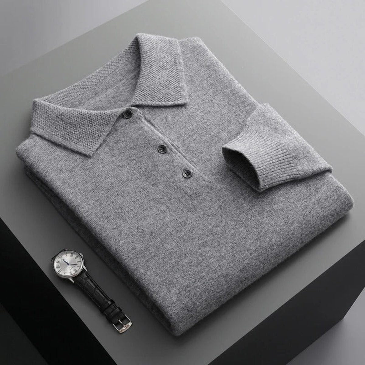 Polo Neck Cashmere Knit Jumper Long Sleeve for Men - Grey
