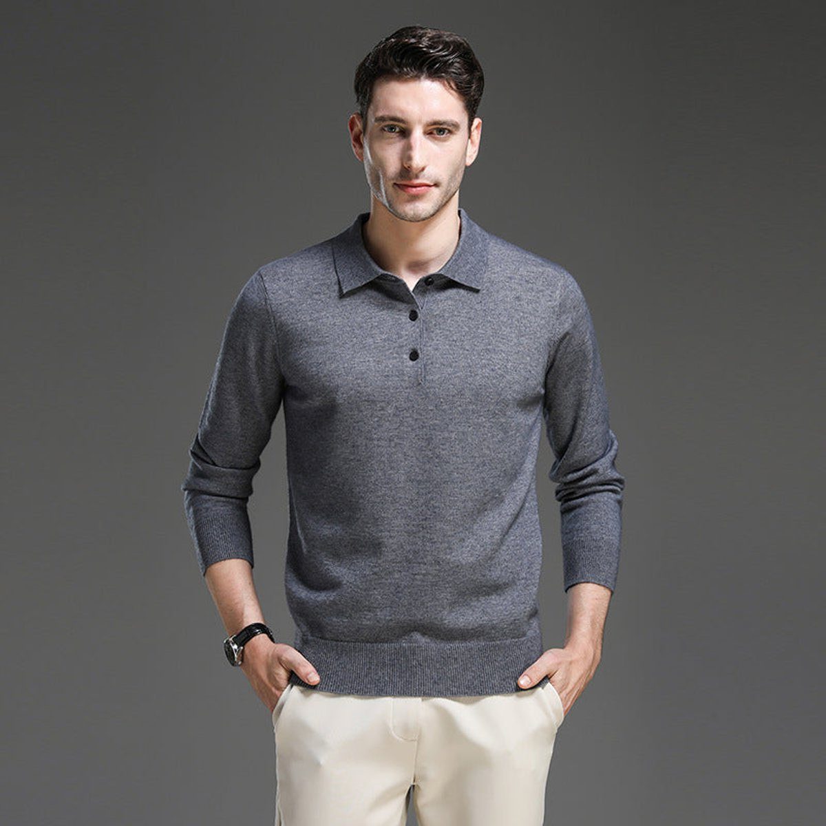 Polo Neck Cashmere Knit Jumper Long Sleeve for Men - View 6