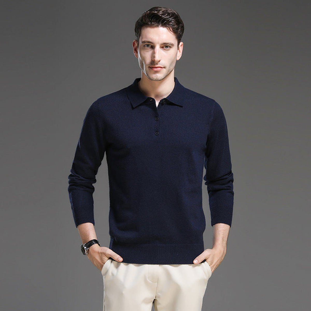 Polo Neck Cashmere Knit Jumper Long Sleeve for Men - View 7