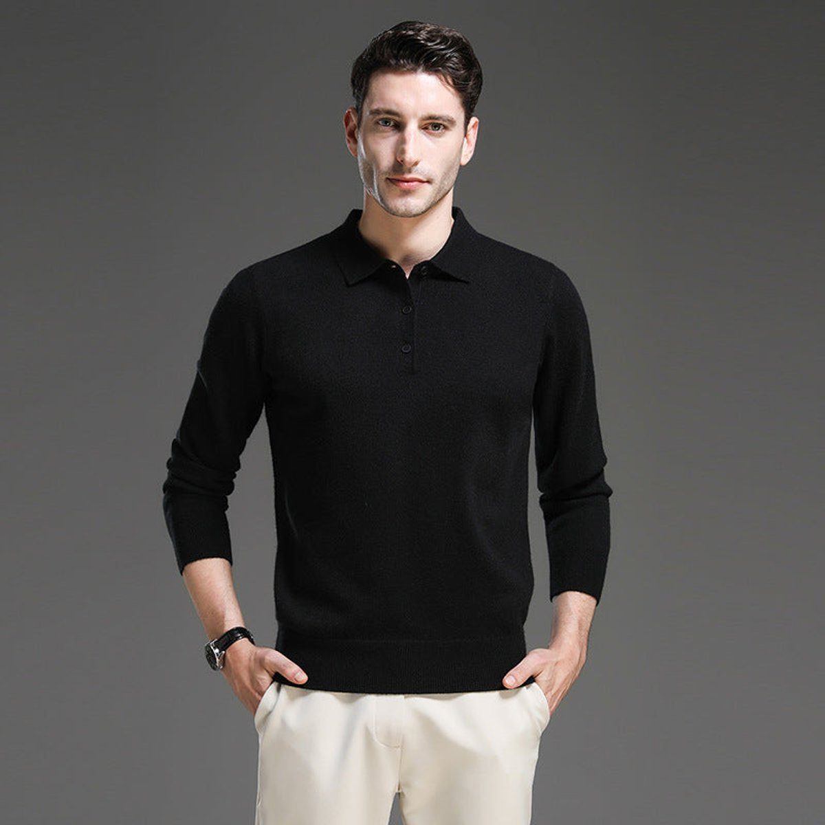 Polo Neck Cashmere Knit Jumper Long Sleeve for Men - View 8