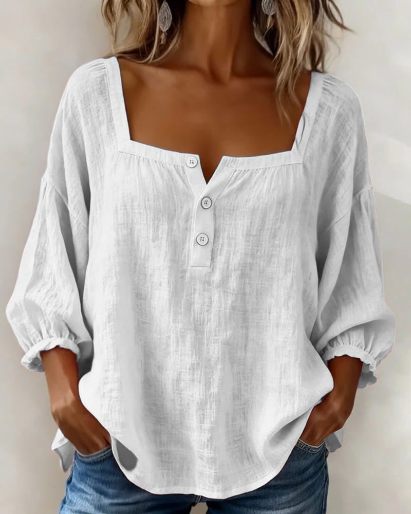 Puff Sleeve Square Neck Blouse for Women - White