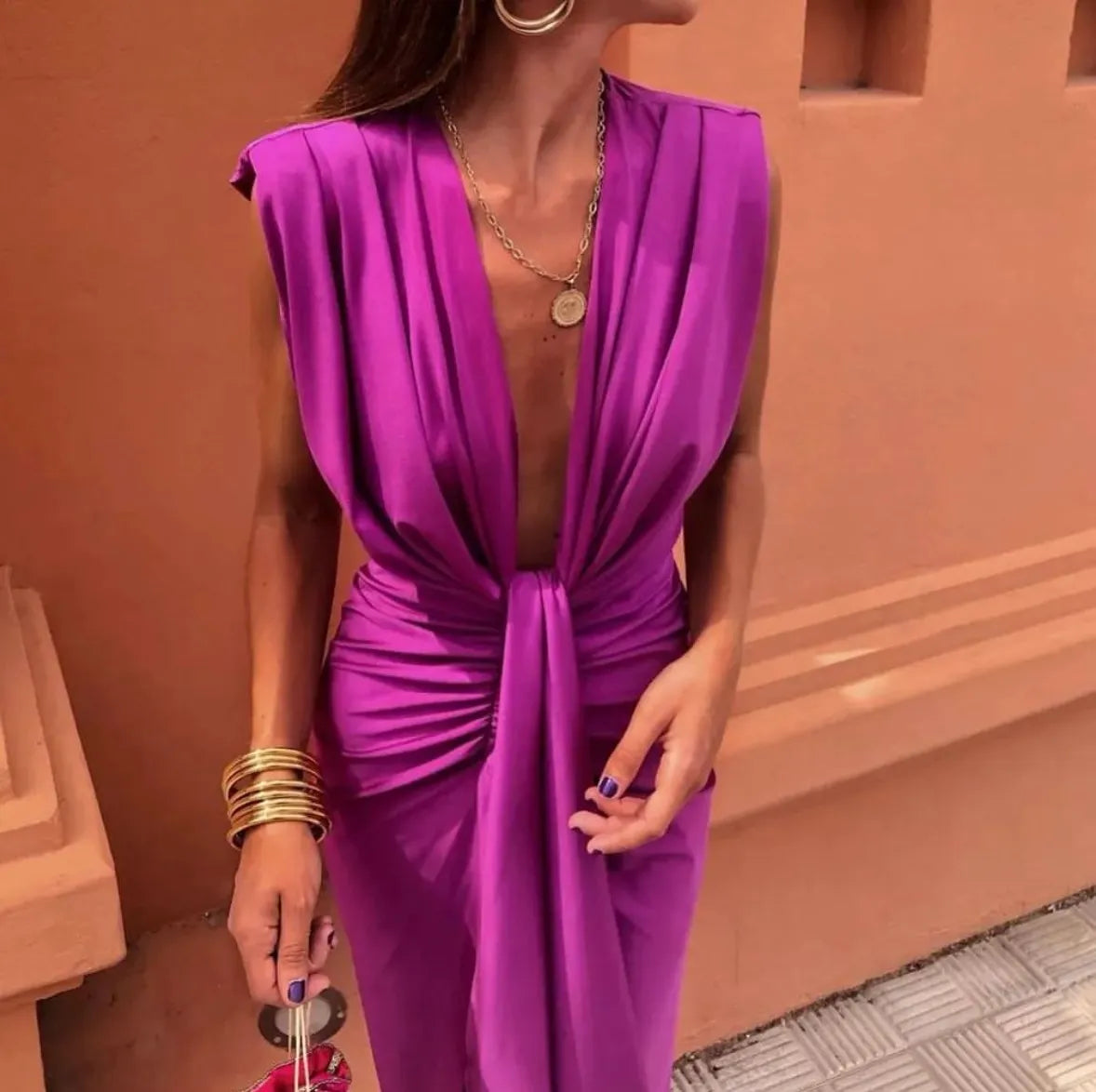 V-Neck Pleated Midi Dress Wedding Guest for Women