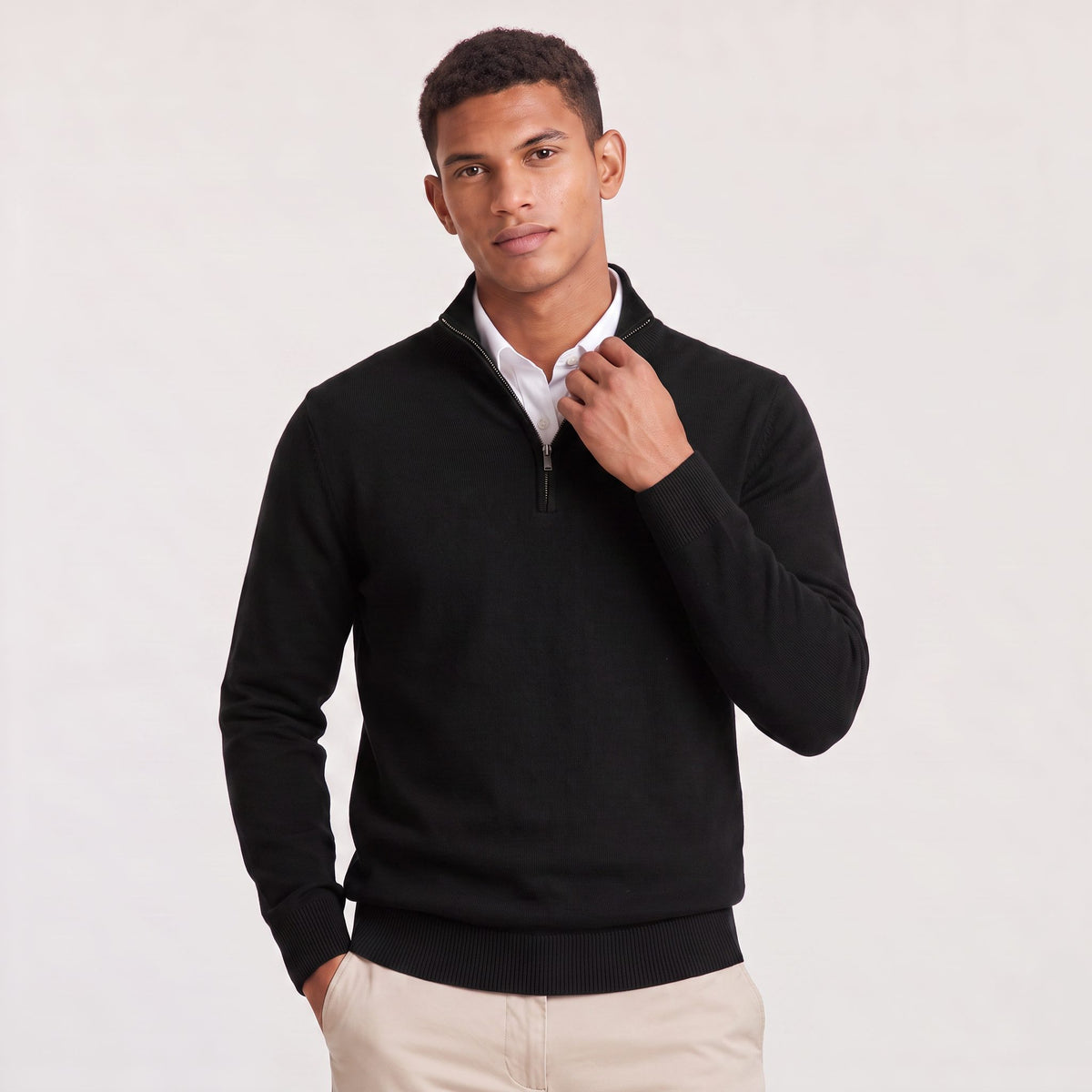 Quarter-Zip Stand Collar Ribbed Knit Jumper for Men - Black