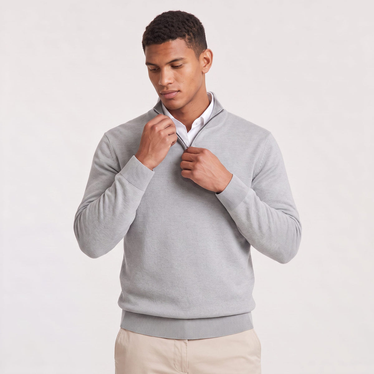 Quarter-Zip Stand Collar Ribbed Knit Jumper for Men - Light Grey